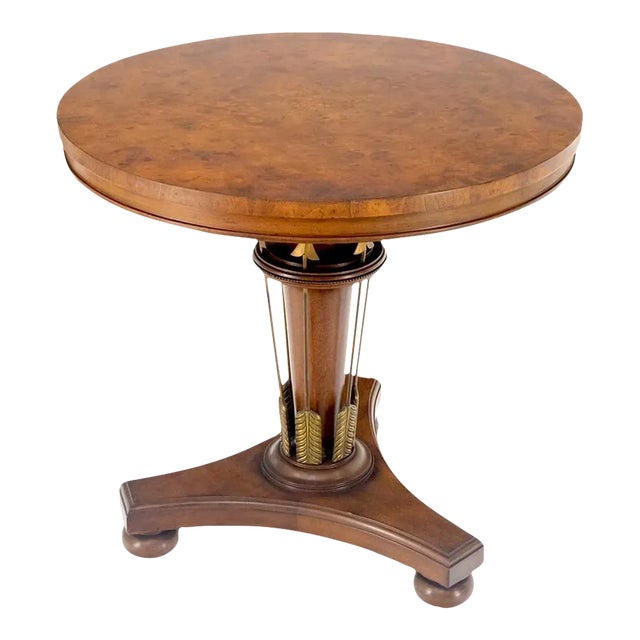 Round Burl Gold Arrows Decorated Base Tripod Base Gueridon Center Table Stand For Sale