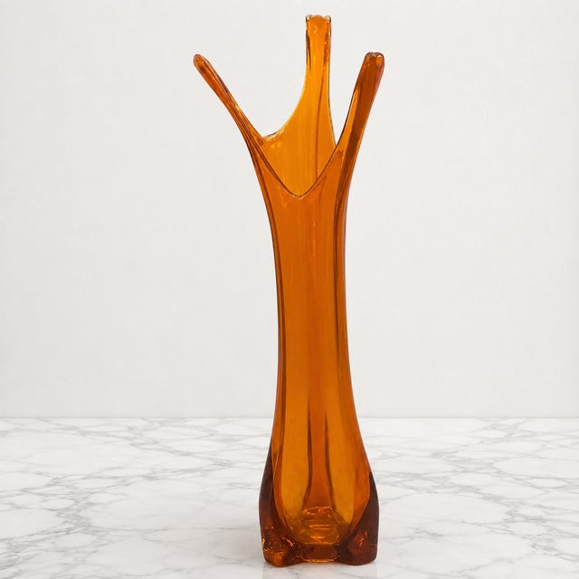 Glass Viking Glass Three Foil Persimmon Swung Vase – Tall Mid-Century Modern Amber Orange Art Glass For Sale - Image 7 of 9