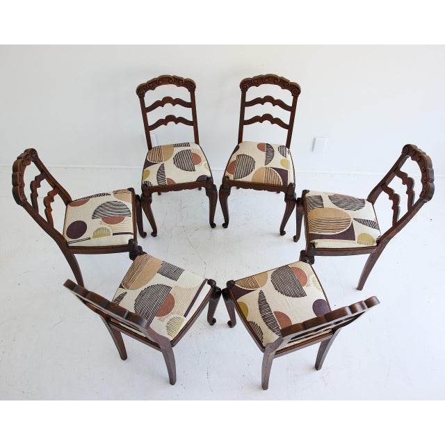 Set of Six French Provincial Oak Ladder-Back Dining Chairs W/ Upholstered Seats For Sale - Image 4 of 18