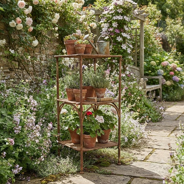 A wrought iron shelf and plant stand dating from the 1900s–1920s. The piece features a slender yet sturdy iron frame with...