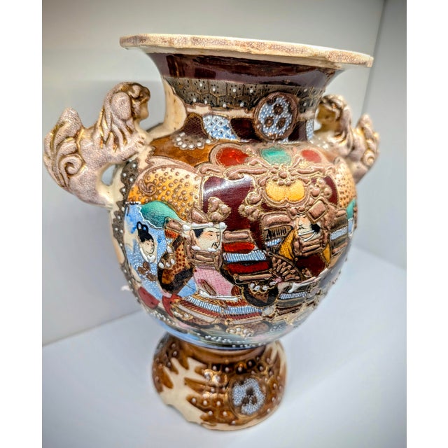 Antique Japanese Satsuma Moriage Vase With Samurai Scene & Figural Handles – 14” For Sale - Image 15 of 18