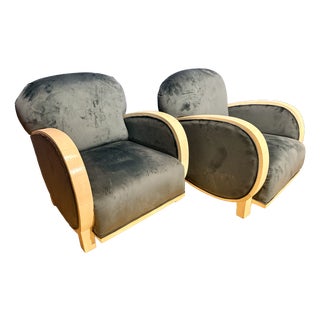 Art Deco Club Chairs in Parchment and Avion-Colored Velvet, 1930s, Set of 2 For Sale