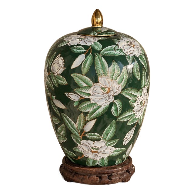 Vintage Green Chinoiserie Ginger Jar With Carved Wood Pedestal For Sale