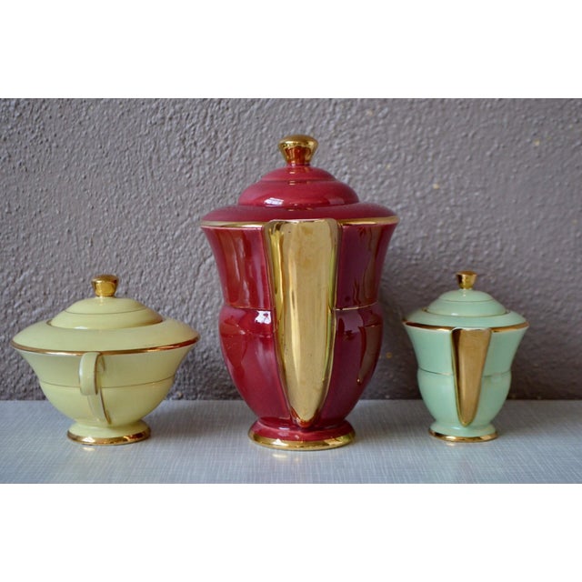 Aqua Art Deco Harlequin Coffee Service in Colored and Gilded Porcelain, 1940s, Set of 15 For Sale - Image 8 of 18