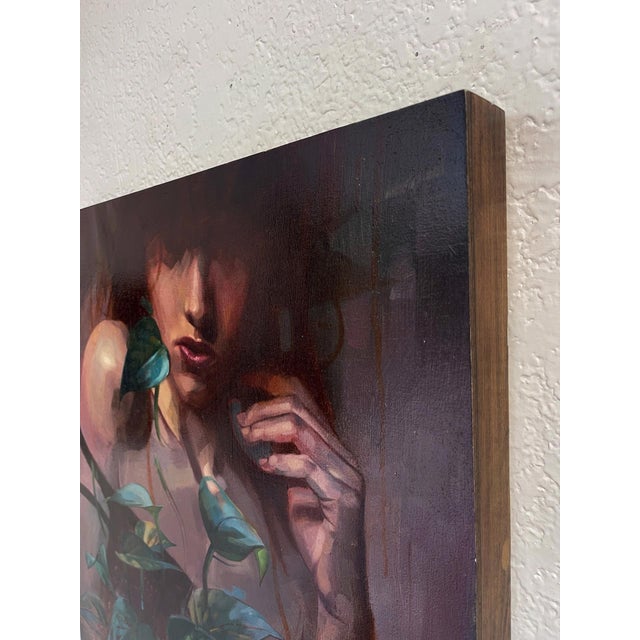 Contemporary Unfurl by Ryan Morse | Oil on Board Portrait of a woman with plants For Sale - Image 3 of 5