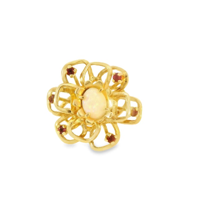 14K Yellow Gold Opal & Ruby Filigree Flower Ring Exquisite 14K Yellow Gold Opal & Ruby Filigree Flower Ring featuring a...
