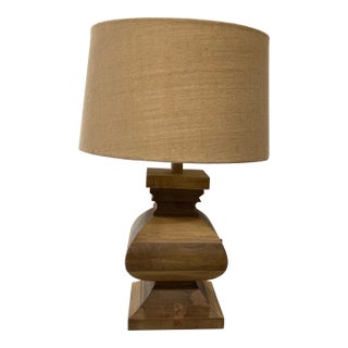 Chunky Wooden French Baluster Style Table Lamp With Hessian / Burlap Drum Shade For Sale