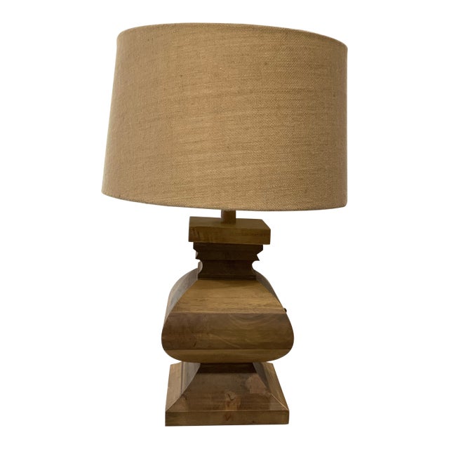 Chunky Wooden French Baluster Style Table Lamp With Hessian / Burlap Drum Shade For Sale