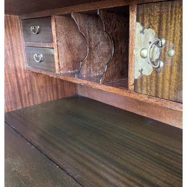 Korean Elmwood and Brass Campaign Style Secretary Desk - Vintage Late 20th Century For Sale - Image 4 of 9