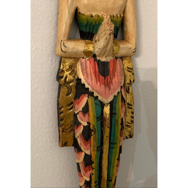 Vintage 25” Balinese Gilt Wood Temple Dancer Wall Sculpture, Hand-Carved, Indonesia For Sale - Image 11 of 12