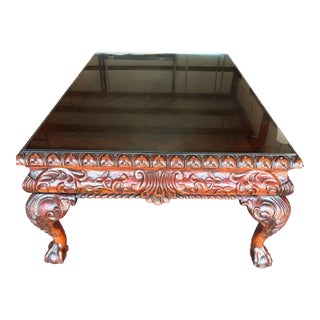 1990s Oversize Solid Mahogany Coffee Table With Intricate Carving For Sale