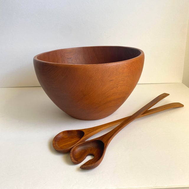 Mid Century Danish Modern Teak Salad Bowl & Tongs Knobler Large Size