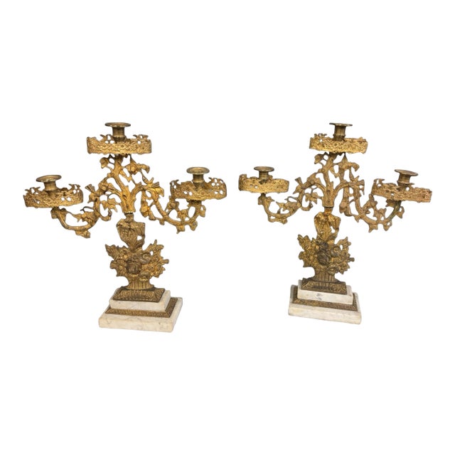 Pair of Victorian 3 Arm Figural Girandole Candelabra With Baskets of Flowers For Sale