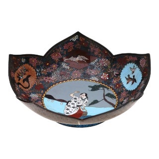 Antique Japanese Cloisonne Enamel Lotus Flower Bowl For Sale