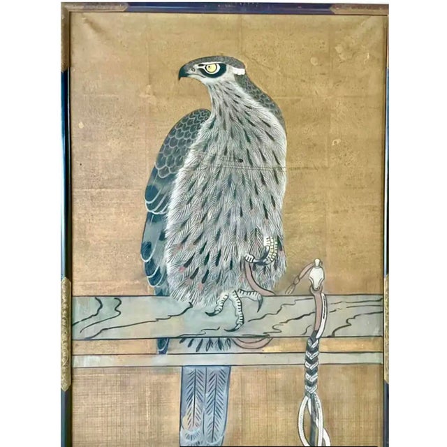 Gold Japanese Falconry Watercolor Panels, Set of Three For Sale - Image 8 of 11