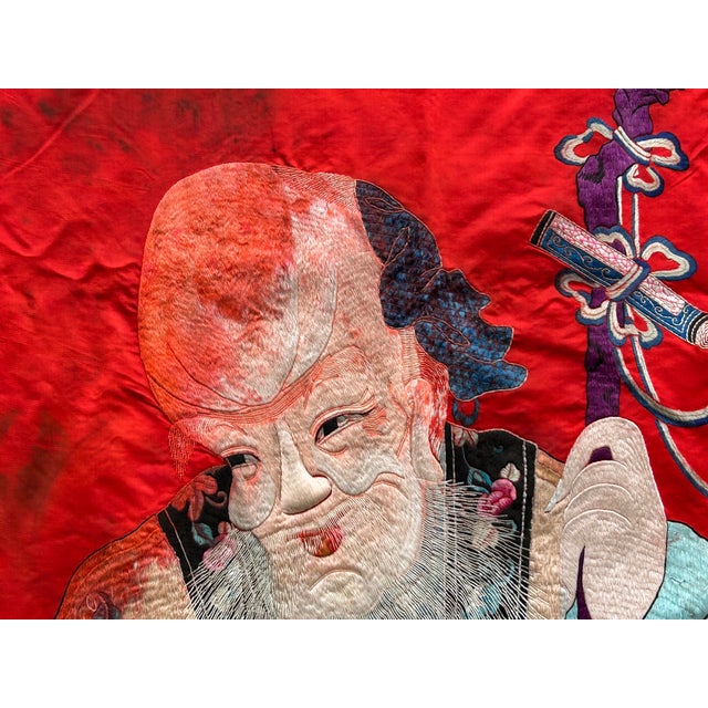 Vintage Chinese Shoulao Longevity Peach Deer Embroidery Fabric Tapestry Art For Sale - Image 10 of 16