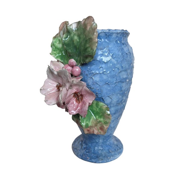 French Country Barbotine Majolica Floral Vase For Sale - Image 3 of 5