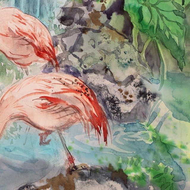 Modern 'Pink Flamingos by a Waterfall' by Lois Elaine Green Cohen, Mid-Century California Woman Artist, Chouinard For Sale - Image 3 of 8