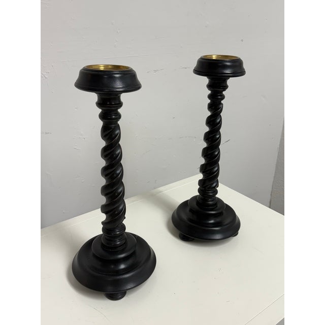 Traditional Global Views Barley Twist Wood Candleholders, Pair For Sale - Image 3 of 12