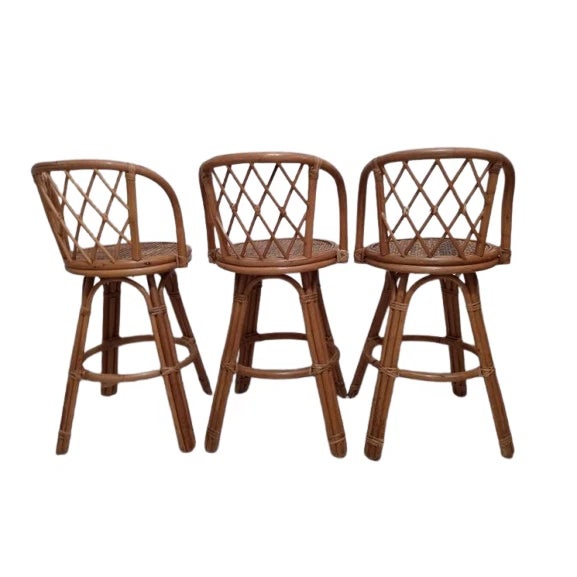 Bamboo wicker Rattan swivel barstool honey color set of 3 This set of three bamboo wicker rattan swivel barstools in honey...