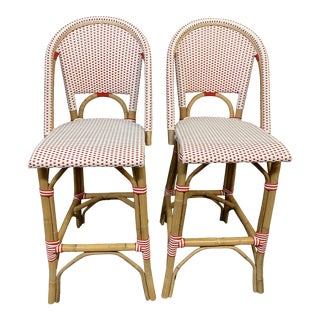 Serena & Lily Riviera Red + White Barstools, a Pair For Sale