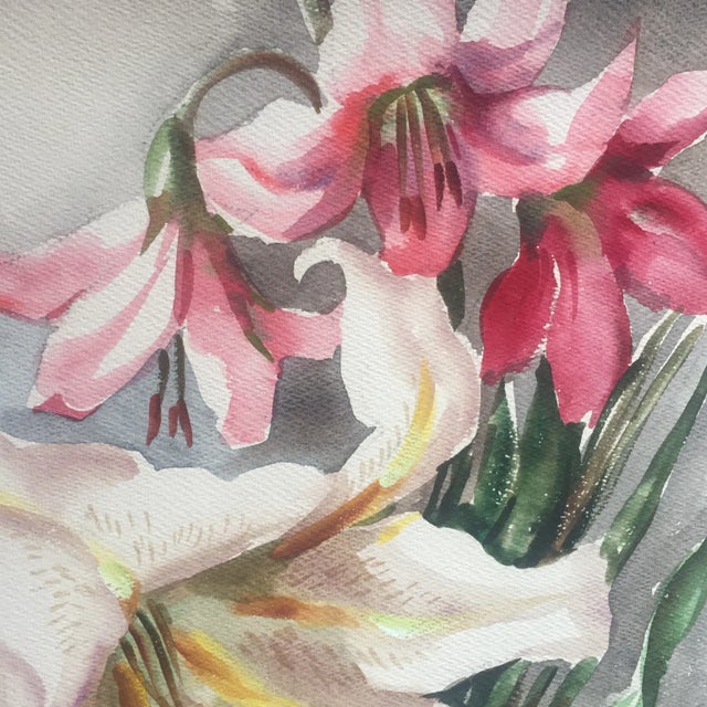 Contemporary Original Vintage Watercolor Floral Lillies Painting For Sale - Image 3 of 7