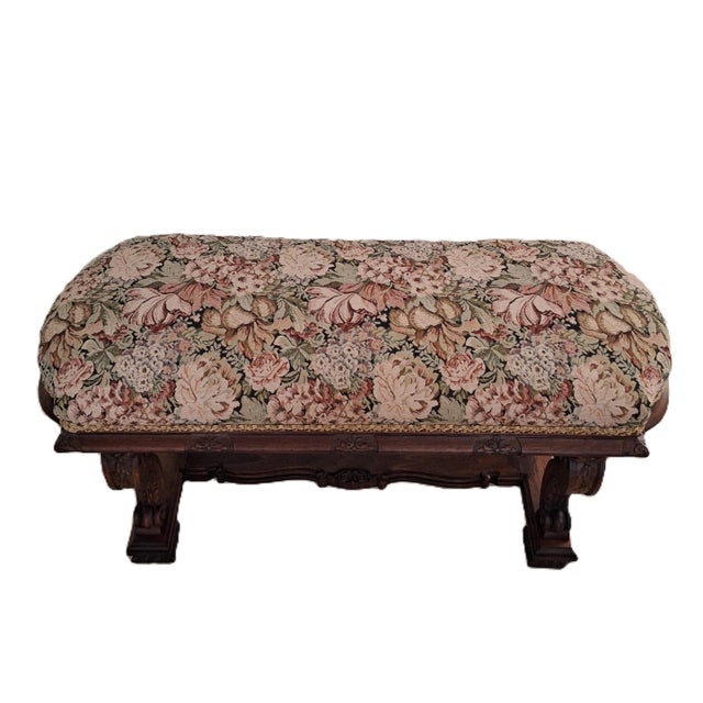 Early 20th Century Antique Upholstered Horsehair Stuffing Walnut Wood Bench For Sale - Image 17 of 17