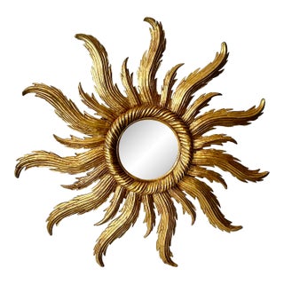 French Hand-Carved Giltwood Sunburst Mirror, Hollywood Regency, 1940s For Sale