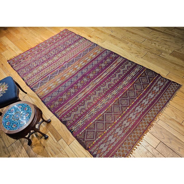 Vintage Moroccan Tribal Kilim, Handwoven Wool, Stripe Geometric Pattern, Purple & Yellow, 6x10 For Sale - Image 17 of 17