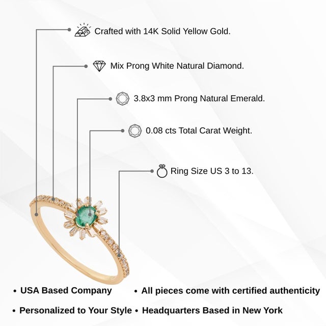 Art Deco Sunburst Emerald & Baguette Diamond Promise Ring Size 4 in 14k Yellow Gold For Sale - Image 12 of 17