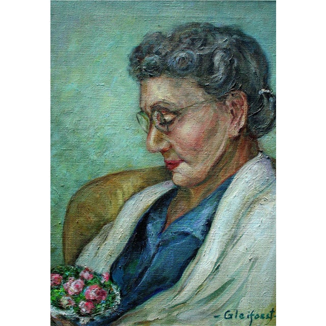 Portrait of a woman holding a bouquet of flowers by Helen Enoch Gleiforst (American, 1903-1997). Signed "Gleiforst" lower...