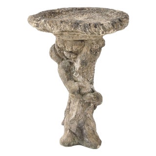 Composite Stone Faux Bois Birdbath With Squirrels Garden Ornament, English 20th C. For Sale