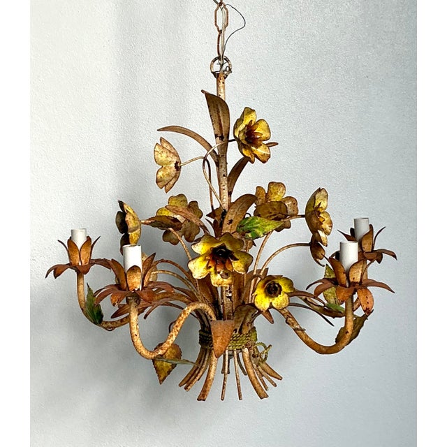 Mid 20th Century Vintage Boho Patinated Tole Chandelier For Sale - Image 5 of 12