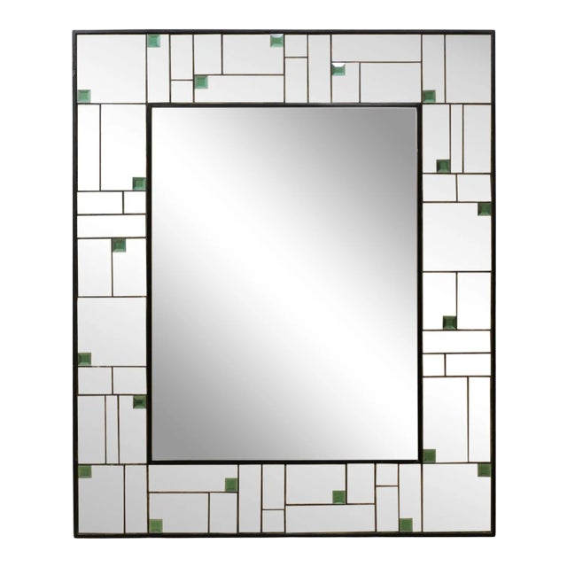 Vintage Mirror With Geometric Mirror Border and Green Colored Accents For Sale