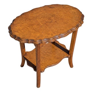 Vintage Oval Wood Side Table With Scalloped Edge and Lower Shelf For Sale