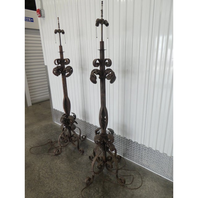 Vintage Wrought Iron Palm Beach Style Floor Lamps - a Pair For Sale - Image 4 of 13