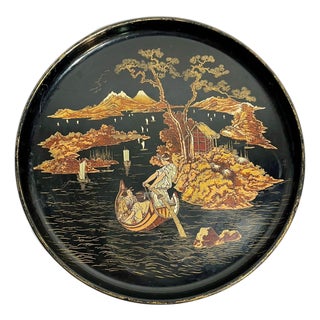 Antique Chinese Papier Mâché Lacquer Tray With Chinoiserie Landscape – Late 19th Century For Sale