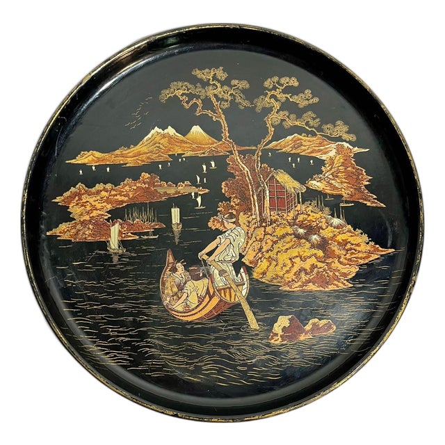 Antique Chinese Papier Mâché Lacquer Tray With Chinoiserie Landscape – Late 19th Century For Sale