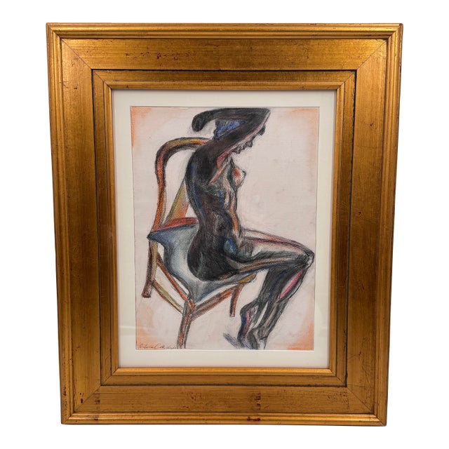 Signed Seated Nude Figure Drawing Charcoal Colored Pencil Gilt Frame For Sale