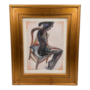 Signed Seated Nude Figure Drawing Charcoal Colored Pencil Gilt Frame