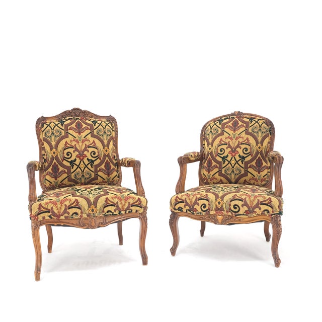 Baker Furniture Company Pair of His & Hers Finely Carved Walnut Country French Lounge Armchairs Tapestry For Sale - Image 4 of 16
