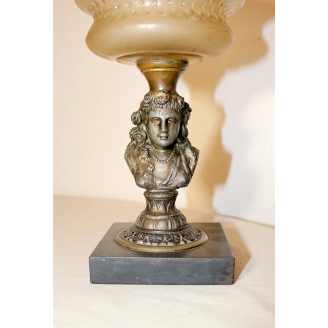 Antique Figural Lady Bust Oil Lamp Glass Font Gilded Metal Cast Iron Stand For Sale - Image 4 of 10