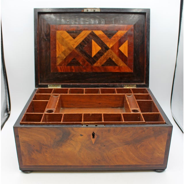 Circa 1780-1800 George III work box, English. Superb for many uses. Flame mahogany cross-banded in mahogany with line...