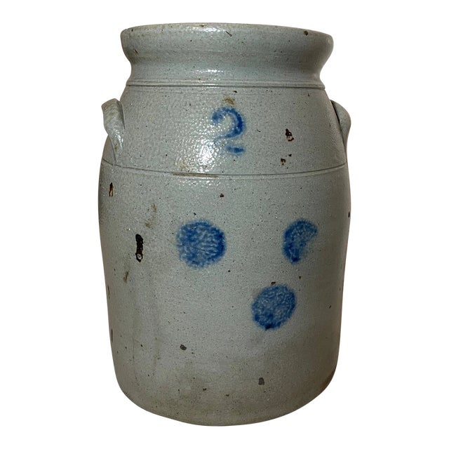 Antique 19th Century Handmade Stoneware Crock Pottery Jug With Handle 2 Gallon For Sale