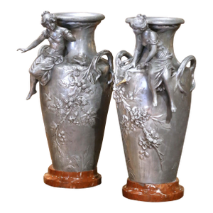 Pair of 19th Century French Pewter Vases on Marble Bases With Figural Maidens