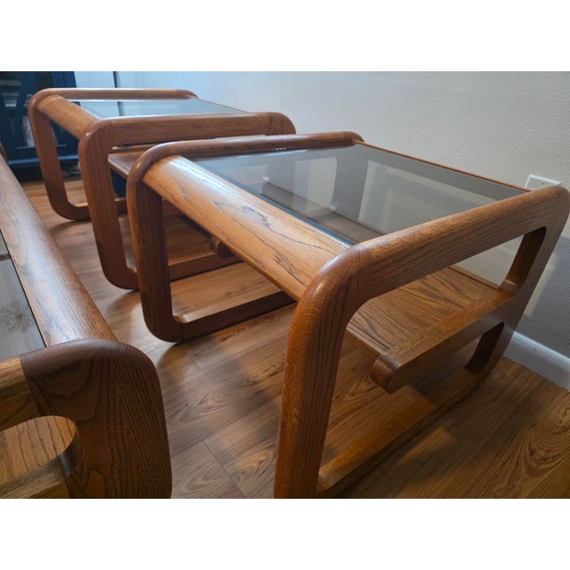 Brown Lou Hodges Mersman Waldron Smoked Glass Oak Rectangular Coffee Table 1970's For Sale - Image 8 of 9
