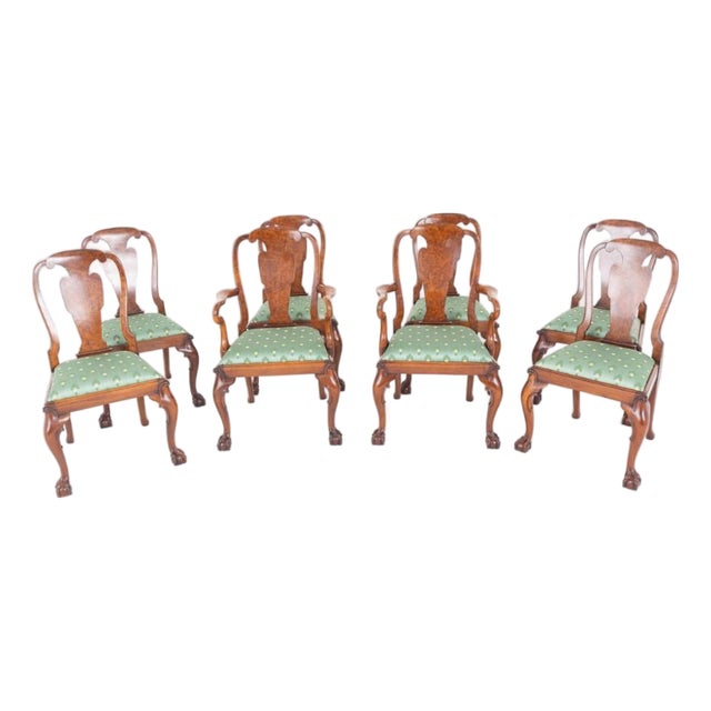 Queen Anne Burr Walnut Dining Chairs, 1890s, Set of 8 For Sale