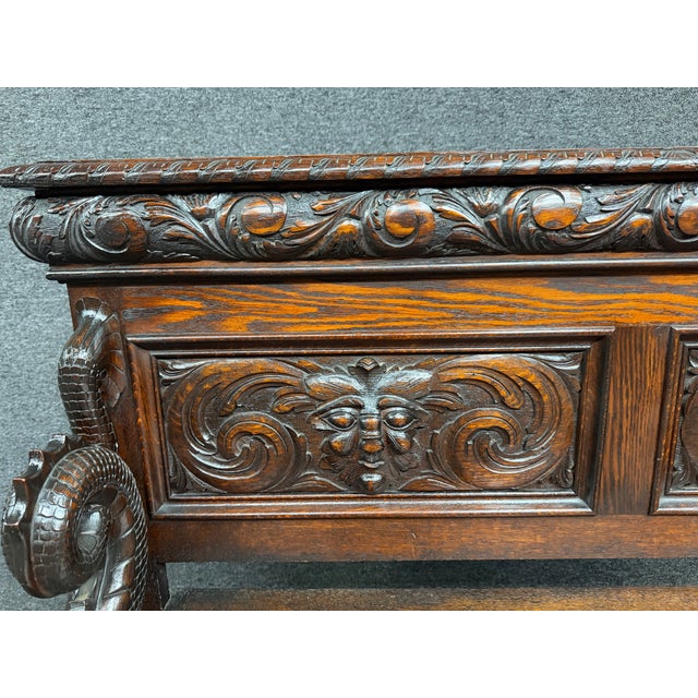 Rj Horner Style American Carved Quarter Sawn Oak Hall Bench With Lift Seat Storage For Sale - Image 4 of 12