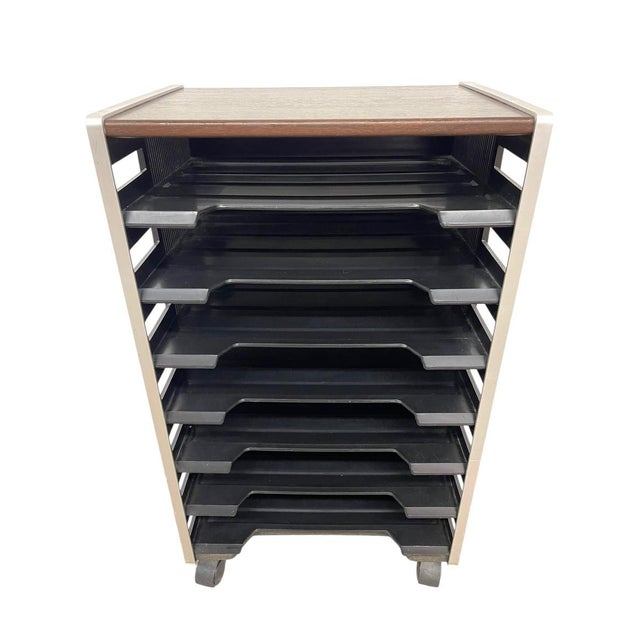 1970s Vintage Rolling Office File Organizer Cart With Tiered Plastic Trays, Wood Top. For Sale - Image 5 of 10
