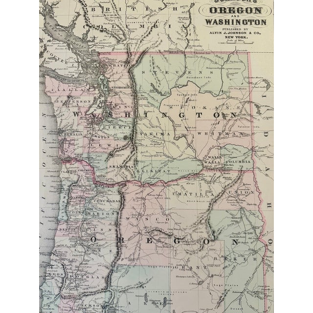 Original steel engraving by Alvin J. Johnson and Co. in New York, 1870. Displays state and county boundaries, towns,...